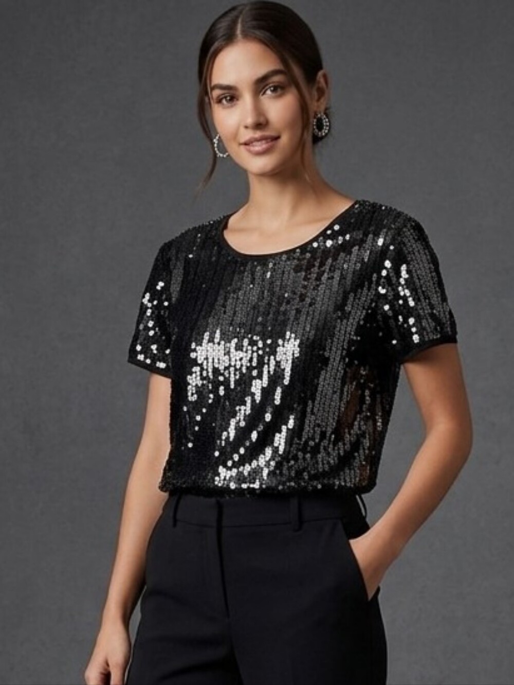 Banana Republic Black and Silver Sequin Short Sleeve Top